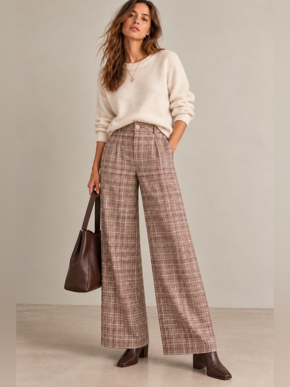 Maeve  Pleated Wide-Leg Plaid Linen Blend Fall Capsule Preppy Minimalist Pants